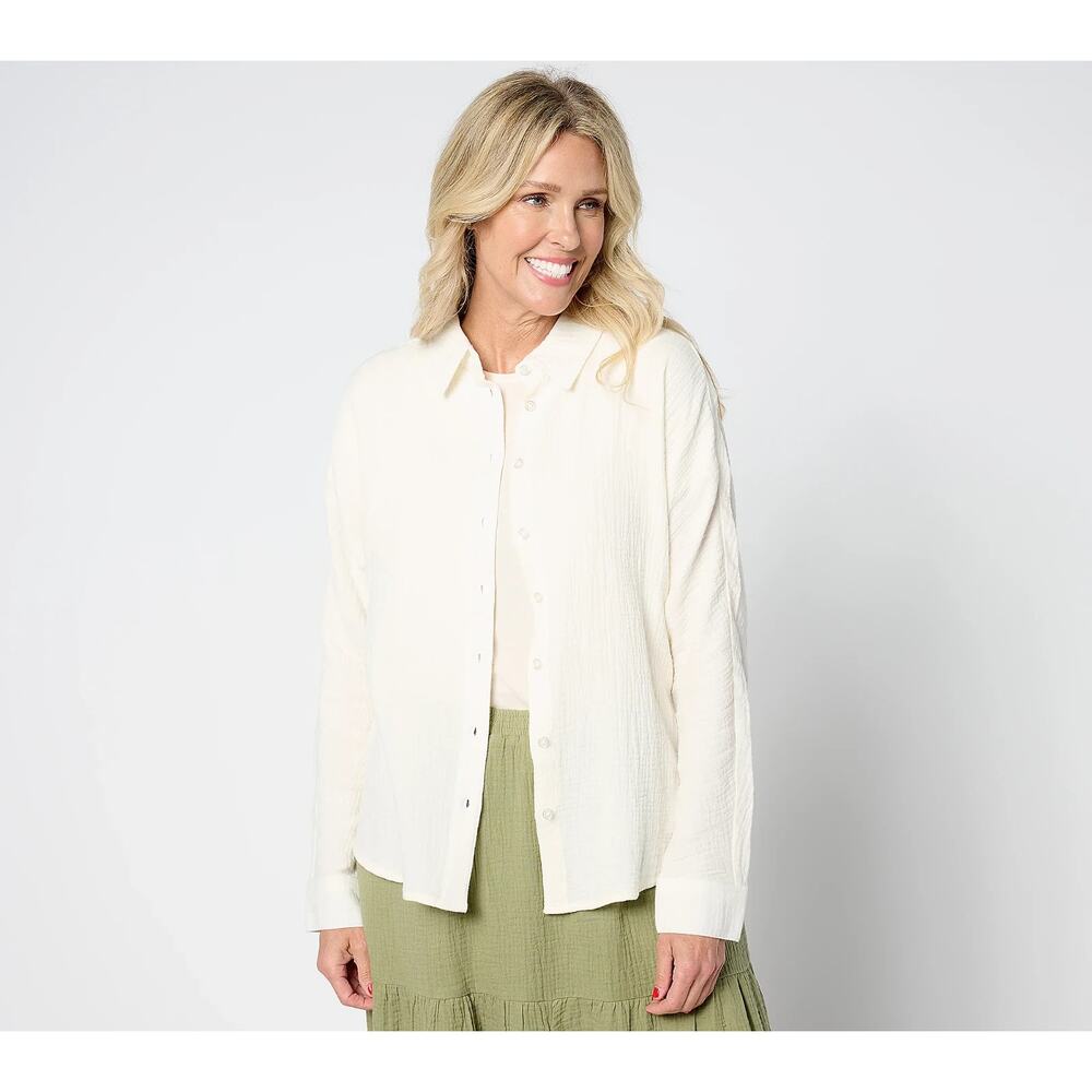 Studio Park x Amy Stran Womens Shirt 1X Ivory Cotton Gauze Button Front Boho